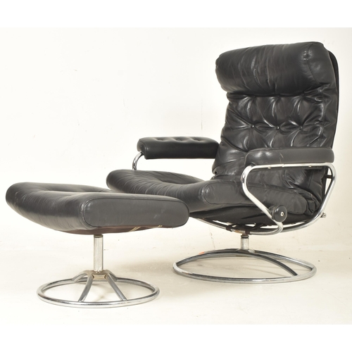 355 - Ekornes - a Swedish Modern Design 20th century 1970s chrome framed and black leather swivel lounge a... 