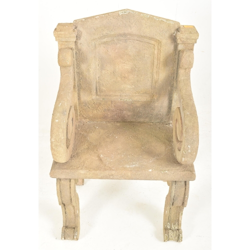 357 - A mixed cement & glue stone effect throne chair. The chair having a a crest shaped back rest with sc... 