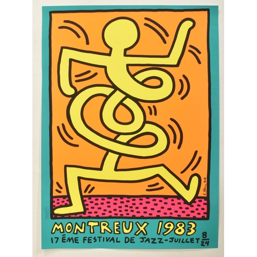 360 - Keith Haring - a vintage 1983 Montreux Jazz Festival poster in pink. The serigraph poster in neon co... 