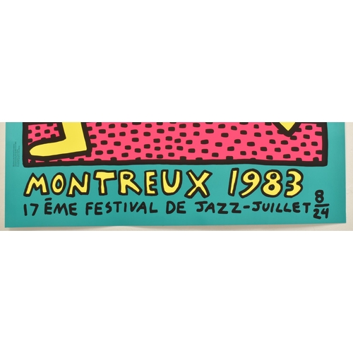 360 - Keith Haring - a vintage 1983 Montreux Jazz Festival poster in pink. The serigraph poster in neon co... 