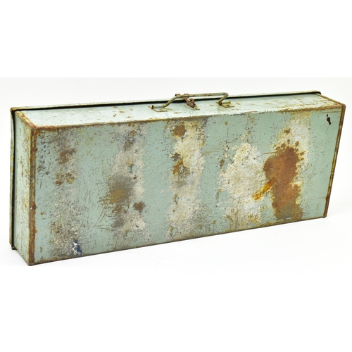 373 - A vintage 20th century military / medical First Aid kit tin box. Elongated form having a hinged lid ... 