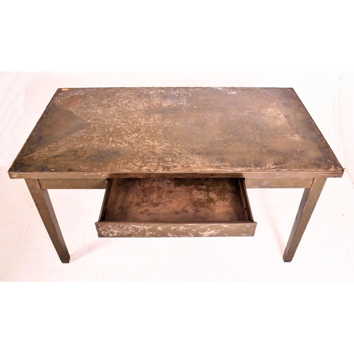 382 - A retro mid century industrial metal workman's table / desk. The table having a metal top and legs f... 