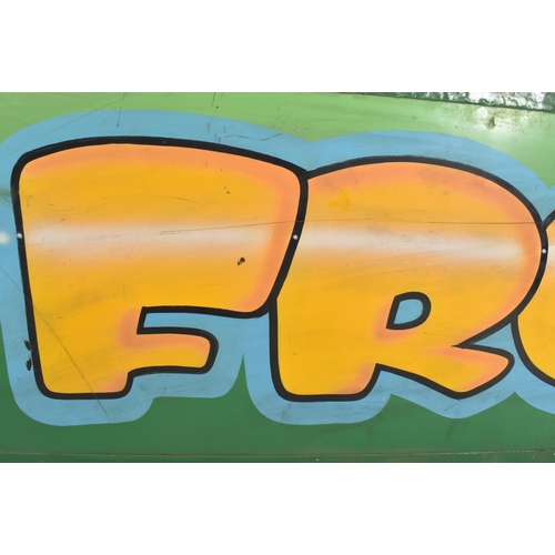 411 - A vintage funfair / amusement park / fairground wooden board sign reading 'FROG'. The sign on green ... 