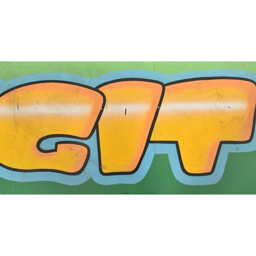 419 - A vintage funfair / amusement park / fairground wooden board sign reading 'GIT'. The sign on green g... 