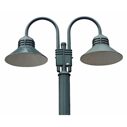 440 - A large vintage painted metal twin arm street lamp post light. The lamp post having twin curved arms... 