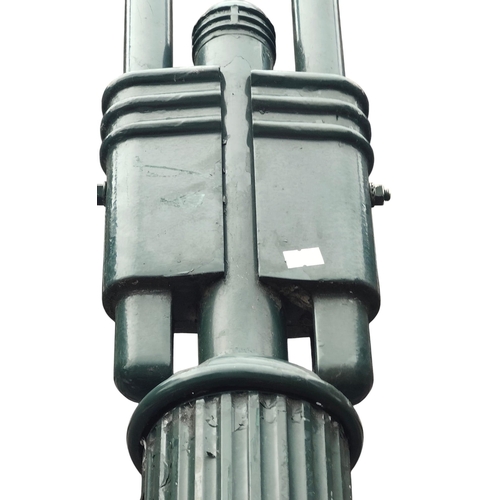 440 - A large vintage painted metal twin arm street lamp post light. The lamp post having twin curved arms... 