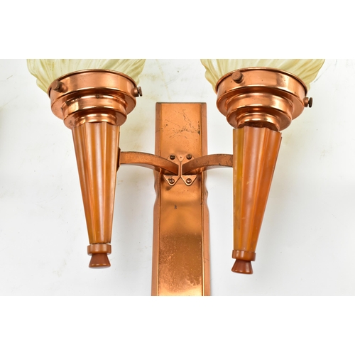 465 - Three early 20th century American Art Deco 1920s glass, copper & Bakelite wall sconces, being a ... 