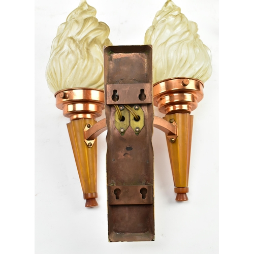 465 - Three early 20th century American Art Deco 1920s glass, copper & Bakelite wall sconces, being a ... 