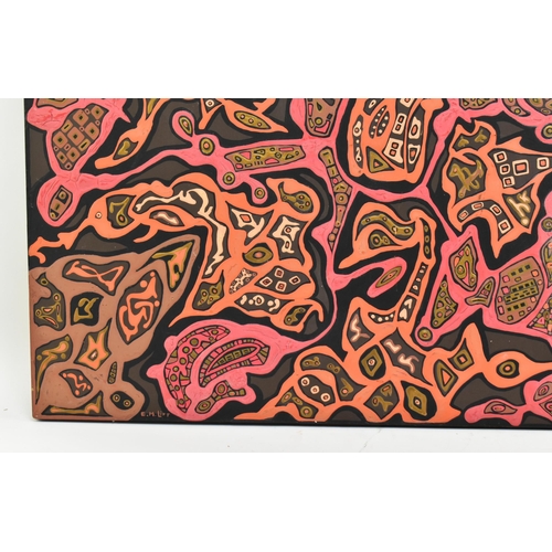 491 - E. M. Lift - a 20th century aboriginal mixed media cloth painting on board. The painting having abst... 