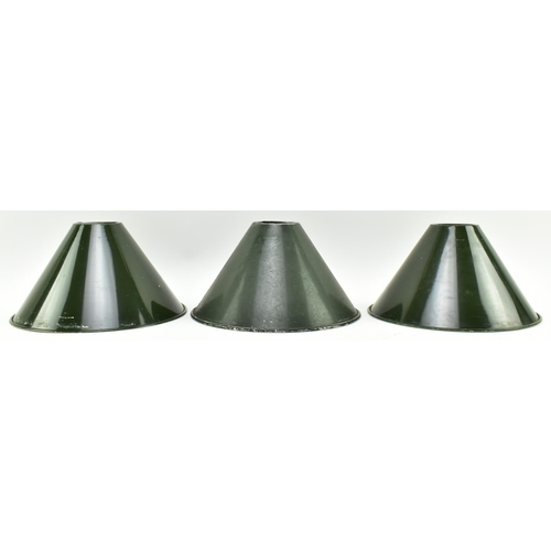 503 - A set of nine vintage 20th century industrial / factory aluminIum green pendant shades. Each of coni... 