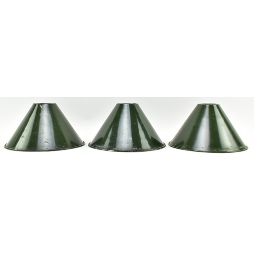 503 - A set of nine vintage 20th century industrial / factory aluminIum green pendant shades. Each of coni... 