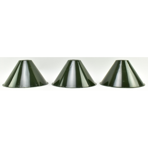 503 - A set of nine vintage 20th century industrial / factory aluminIum green pendant shades. Each of coni... 