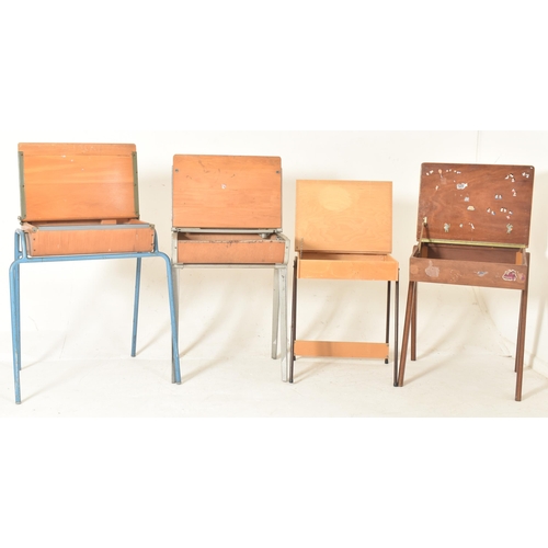 523 - A collection of four retro 20th century hardwood & metal school desks / tables. The lot to inclu... 