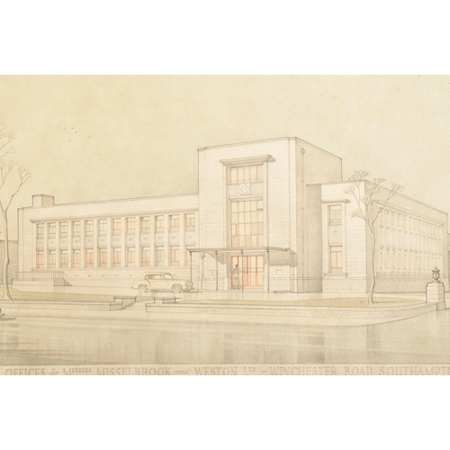 546 - Jasper Philip Salwey - a mid 20th century 1950s architectural sketch drawing titled Warehouse and Of... 