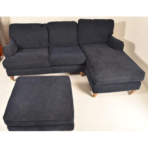 580 - A British Modern Design L-shaped three-seater sofa settee and matching ottoman / footrest. The sofa ... 