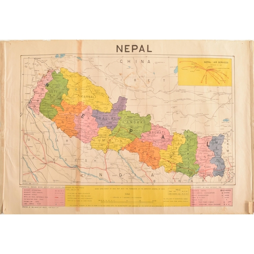 588 - Indian Book Depot - a vintage mid century 1980s paper map of Nepal. The map featuring brightly colou... 