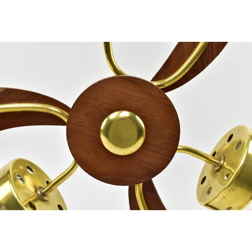 595 - A retro mid 20th century teak and brass hanging chandelier ceiling light. The light having propeller... 