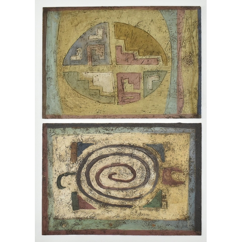 418 - A pair of vintage mid century Ecuadorian South American relief textured paintings in the style of Tr... 