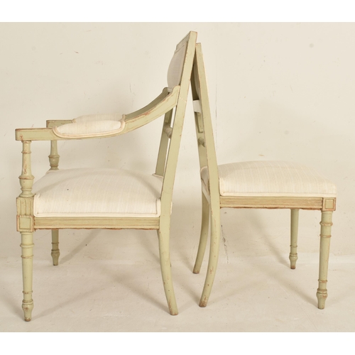 576 - A set of three 20th century French Louis XVI style chairs. The set comprising of two armchairs and a... 