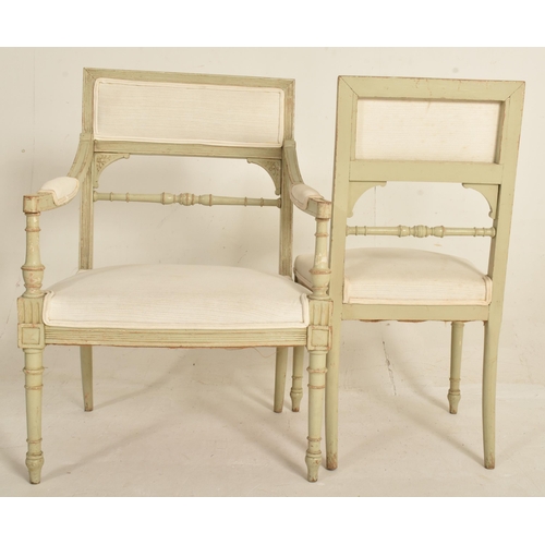 576 - A set of three 20th century French Louis XVI style chairs. The set comprising of two armchairs and a... 