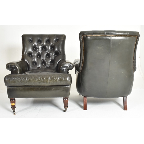 226 - A pair of bespoke made dark green leather buttoned back lounge armchairs. each chair having a button... 