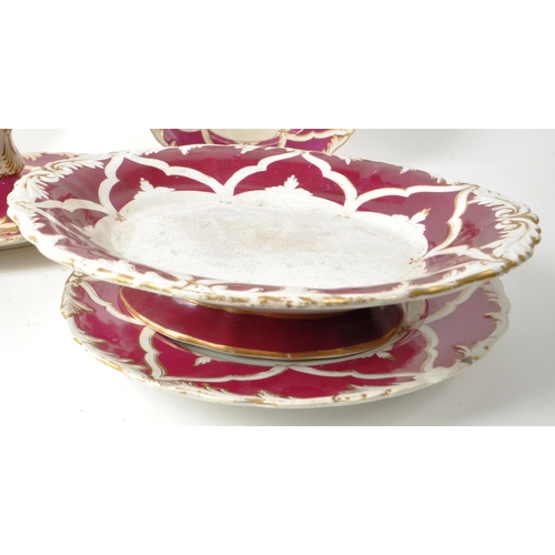 133 - A collection of early 19th century white and fuchsia sweet dishes and plates, comprising of three sw... 