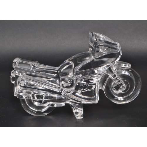 152 - Cristal D'arques - Three contemporary French glass figures, including a motorbike, a cello, and a sa... 