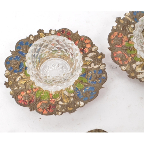 220 - An early 20th century cloisonne and cut glass salt and pepper dish set. Each having floral decoratio... 