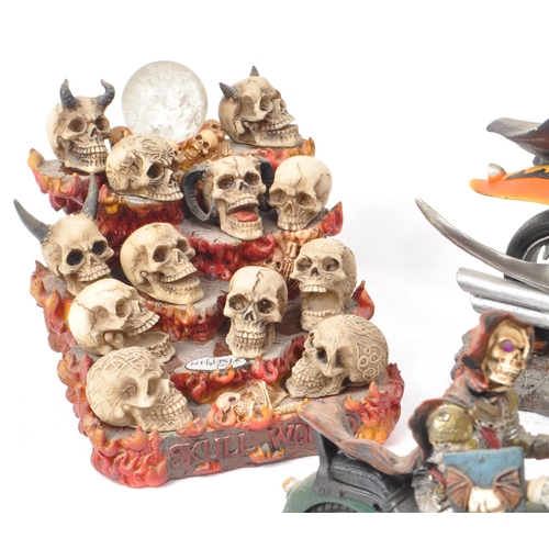 222 - Collection of contemporary resin skeleton figures, comprising of a Nemesis Now 'Skull World' figure ... 