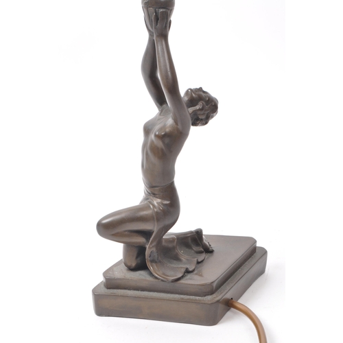 227 - A vintage late 20th century Tiffany / Art Deco style brass lamp, featuring a lady dancer figure hold... 