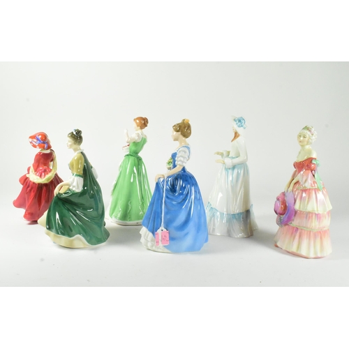 24 - Collection of six Royal Doulton historical figurines. Includes: Elegance HN2264, Helen HN3061, Top o... 