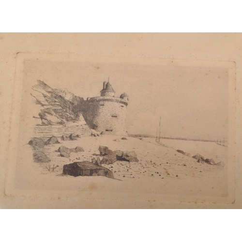 295 - A 20th century etching of Tour Gabriel, Mount Saint Michel, France. The etching depicts the museum o... 