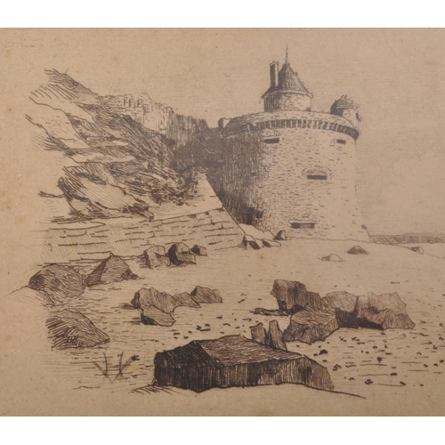 295 - A 20th century etching of Tour Gabriel, Mount Saint Michel, France. The etching depicts the museum o... 