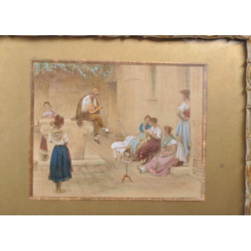 321 - 19th century hand coloured Italian print in gilt frame. Depicting a street scene with figure playing... 