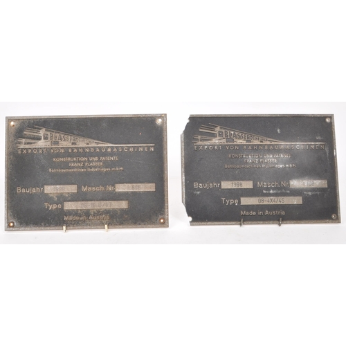 345 - Two vintage late 20th century Austrian train equipment metal signs, dated 1998 and 1999. Titled 'Exp... 