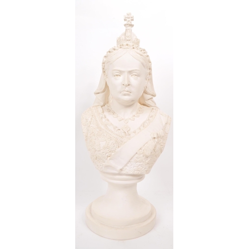 352 - A vintage late 20th century white plaster bust of Queen Victoria. Moulded raised on a plinth stepped... 