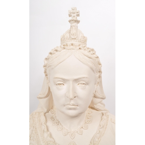 352 - A vintage late 20th century white plaster bust of Queen Victoria. Moulded raised on a plinth stepped... 