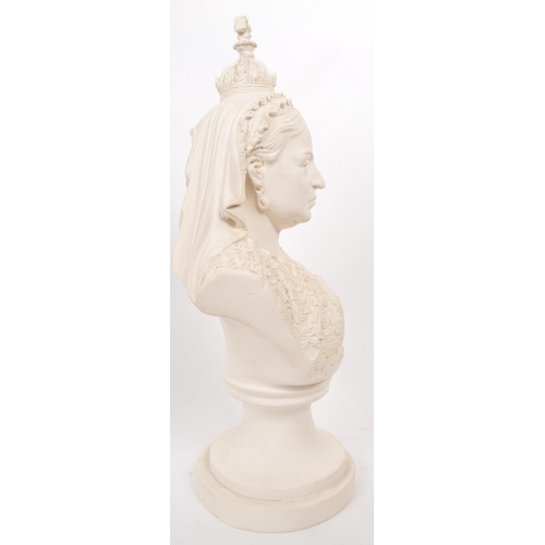 352 - A vintage late 20th century white plaster bust of Queen Victoria. Moulded raised on a plinth stepped... 