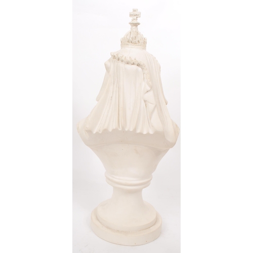 352 - A vintage late 20th century white plaster bust of Queen Victoria. Moulded raised on a plinth stepped... 