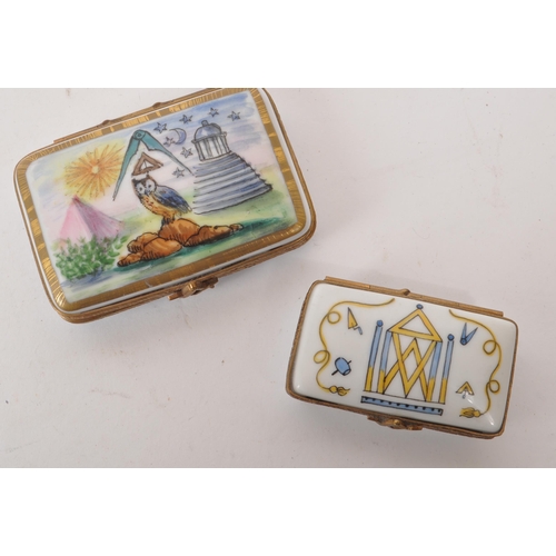 362 - Limoges - Two 20th century hand painted Masonic Limoges porcelain trinket boxes. Each box having gil... 