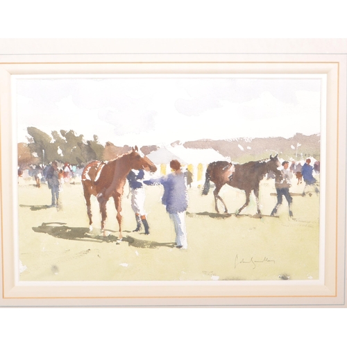 364 - John Yardley (B 1933) - Late 20th century watercolour painting, titled 'Adjusting The Stirrup', feat... 