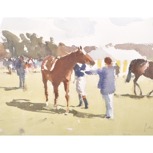 364 - John Yardley (B 1933) - Late 20th century watercolour painting, titled 'Adjusting The Stirrup', feat... 