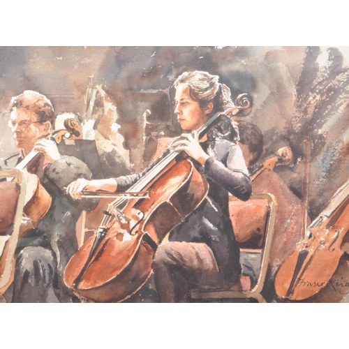 368 - Fraser King (B 1969) - A 21st century watercolour painting, depicting people in an orchestra playing... 