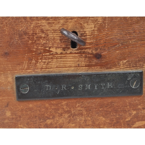 369 - A 19th century pine sailors ditty box, featuring a brass two hinged lid, lock and key, and brass pla... 