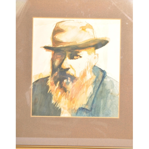 370 - A vintage 20th century watercolour painting, depicting a bearded man wearing a hat, painted in shade... 