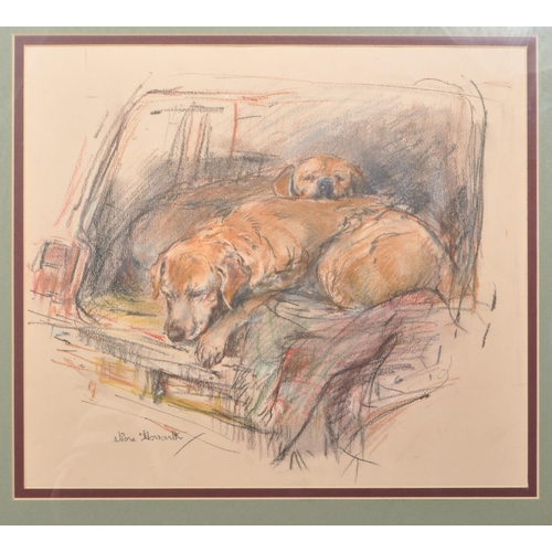 371 - A vintage 20th century oil pastel drawing of two Labrador dogs in the boot of a car. Signed by artis... 