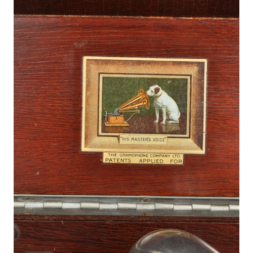 434 - A vintage HMW 'His Master's Voice' 1920s wind-up gramophone no. 4, housed in an oak case, with a hin... 