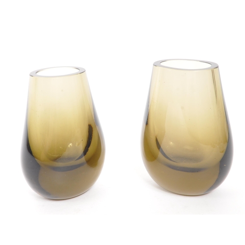 443 - A pair of Scandinavian studio art glass vases in smoked glass colourway, Of rounded ovoid shape tape... 