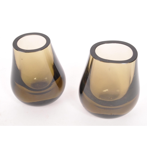 443 - A pair of Scandinavian studio art glass vases in smoked glass colourway, Of rounded ovoid shape tape... 