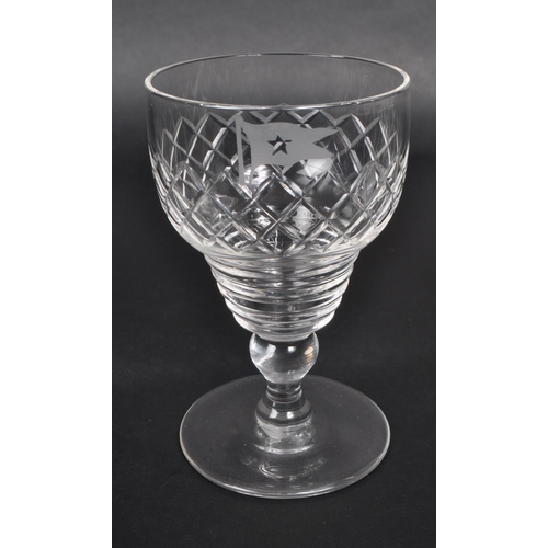 476 - Two early 20th century believed to be White Star Line liquor glasses, one featuring an etched spiral... 